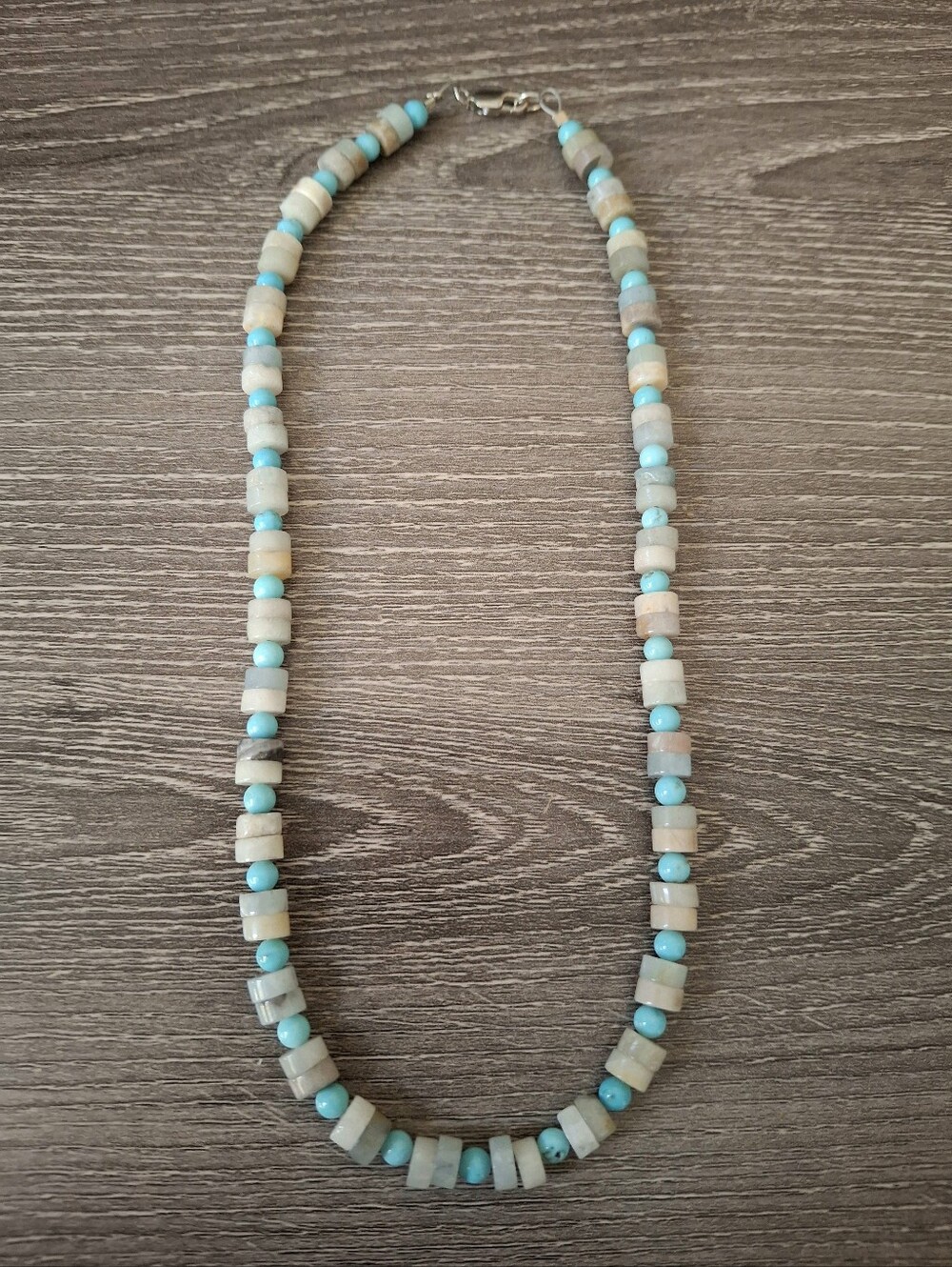 Heishi Amazonite And Turquoise Natural Stone Beads Sterling Silver 16" Necklace